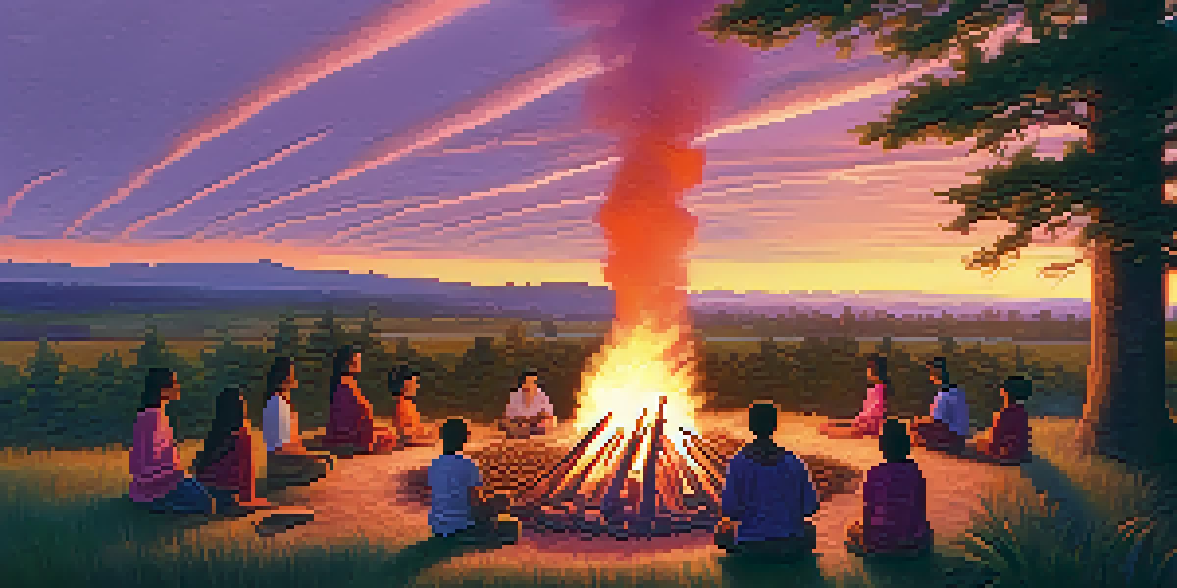 An Indigenous gathering around a bonfire at sunset, with participants engaged in storytelling under a colorful sky.