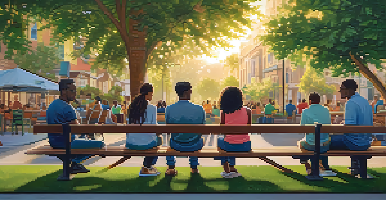 A peaceful public art installation with a large mural about unity in a multicultural neighborhood, surrounded by greenery and community members talking in the evening light.
