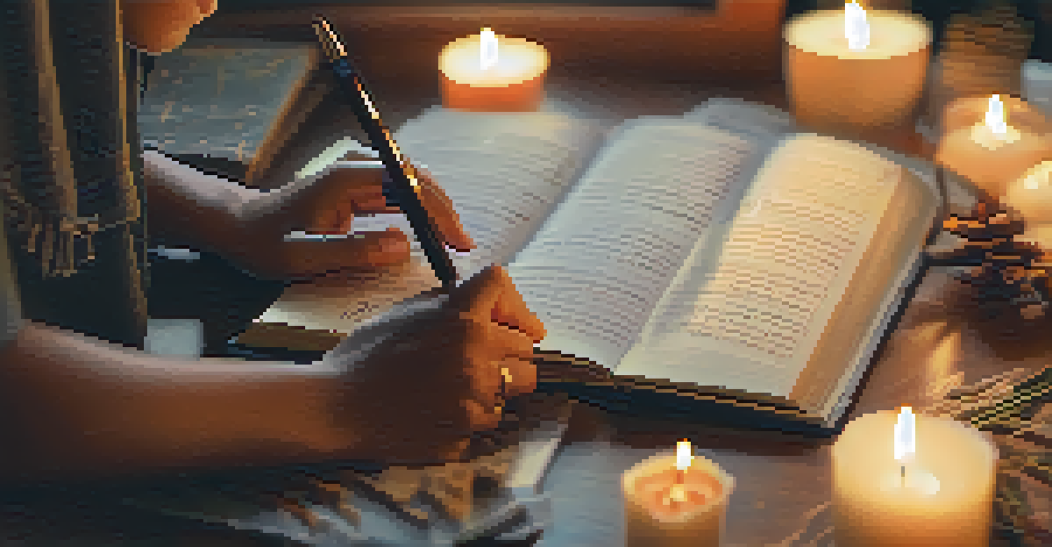 A close-up of hands writing in a journal with candles and spiritual symbols around, creating a warm and reflective atmosphere.