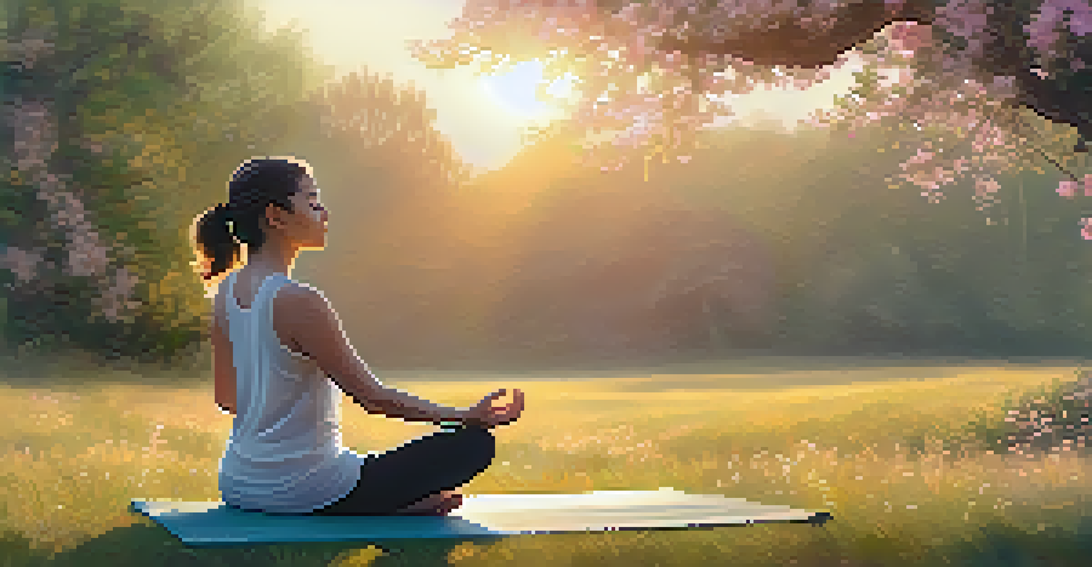 A person practicing yoga in a grassy field surrounded by flowers and trees during sunset.