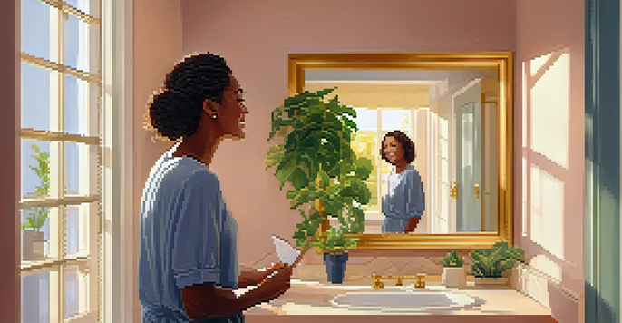 A person smiling in a bathroom mirror, practicing affirmations with sunlight streaming in.