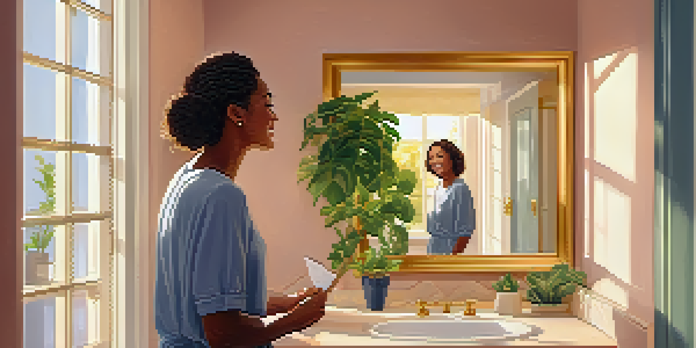 A person smiling in a bathroom mirror, practicing affirmations with sunlight streaming in.