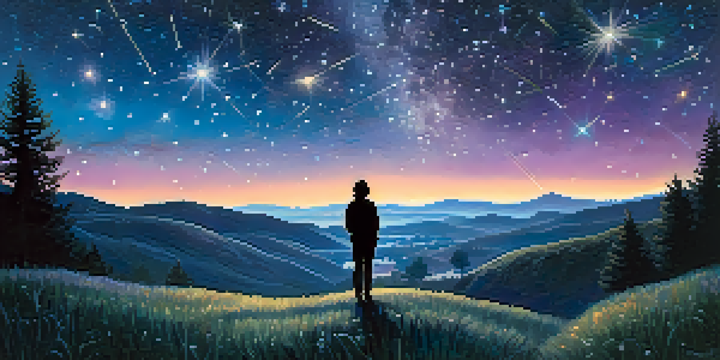 A person silhouetted against a starlit sky filled with constellations and the Milky Way, overlooking rolling hills.