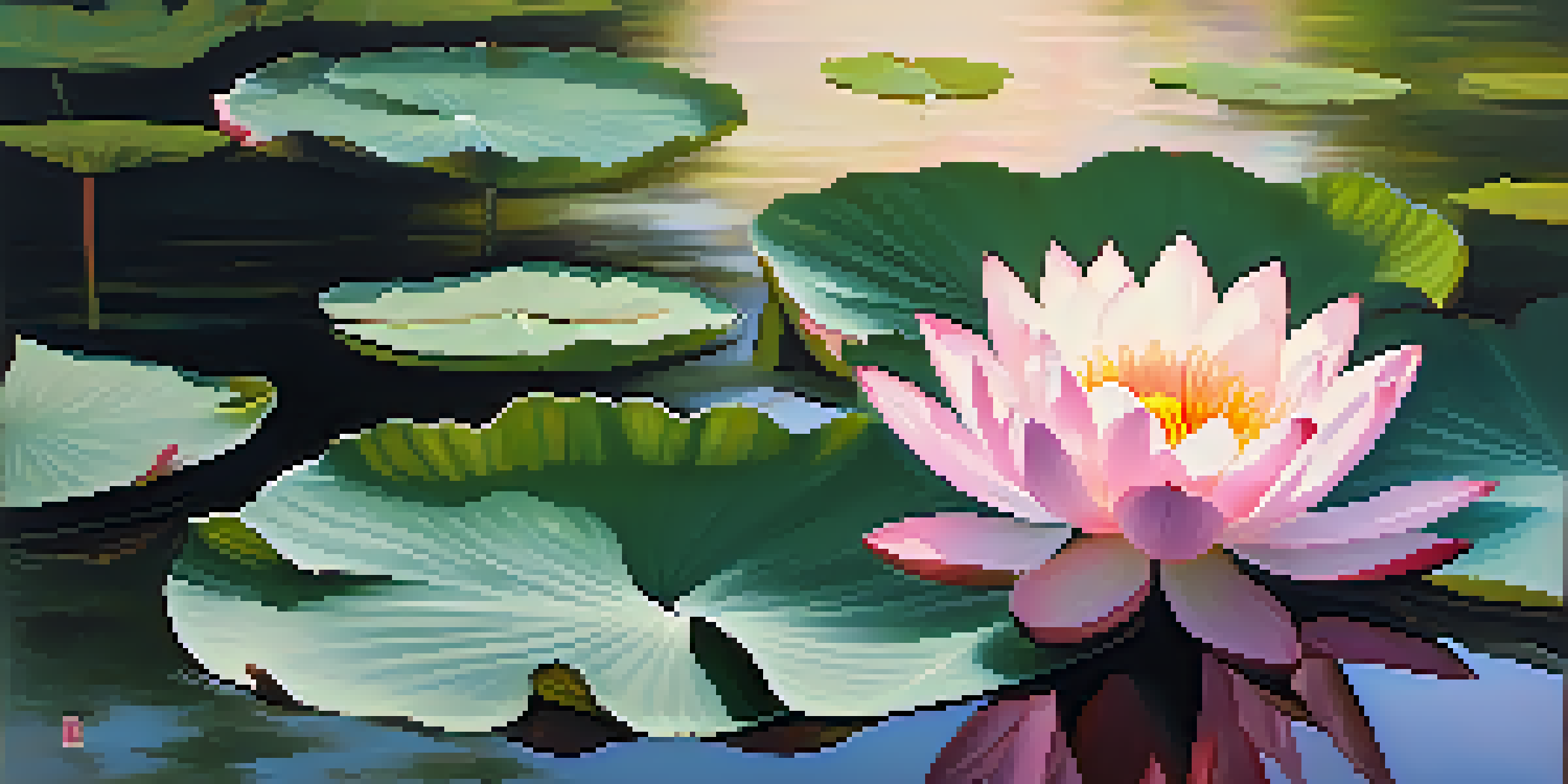 A vibrant lotus flower blooming on a calm pond with green leaves, illuminated by soft morning light.