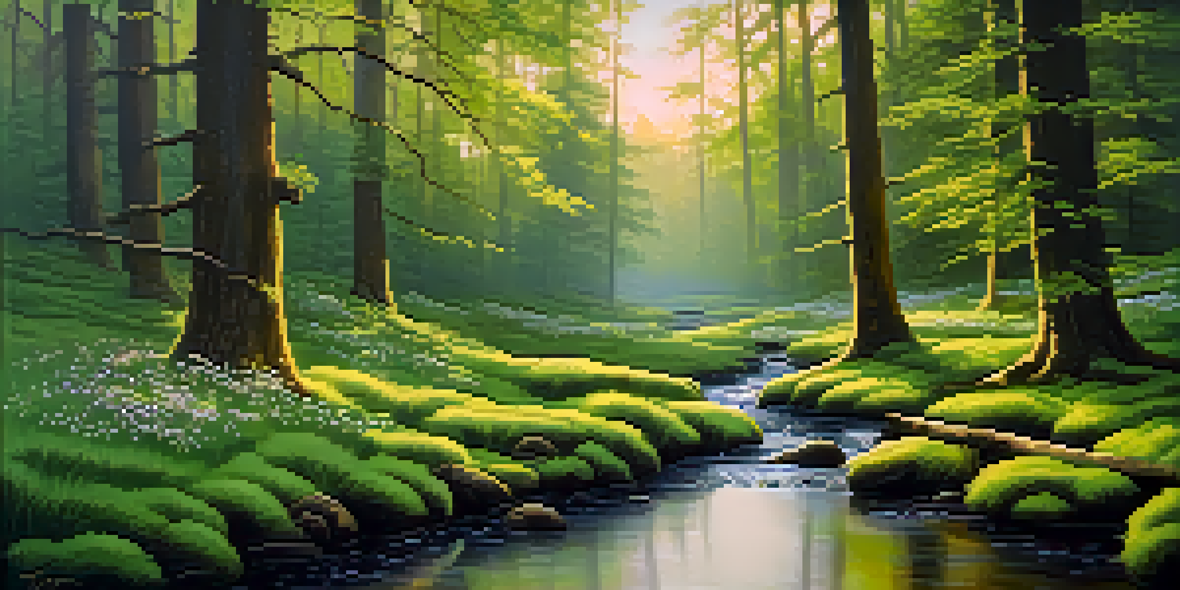 A tranquil forest at dawn with sunlight filtering through trees and a small stream flowing.