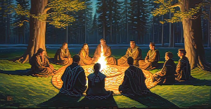 Participants in traditional Celtic attire gather around a bonfire in a lush green forest, surrounded by ancient trees and a starry night sky.