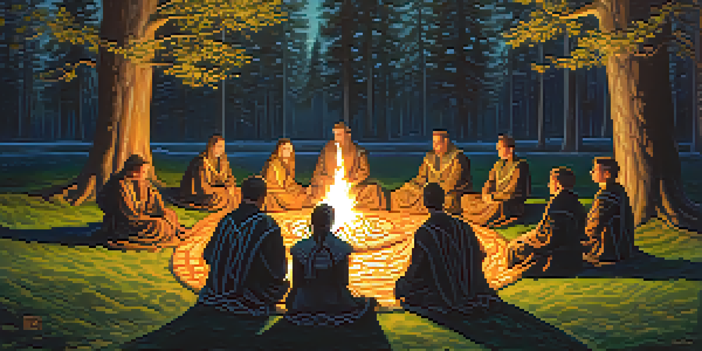 Participants in traditional Celtic attire gather around a bonfire in a lush green forest, surrounded by ancient trees and a starry night sky.