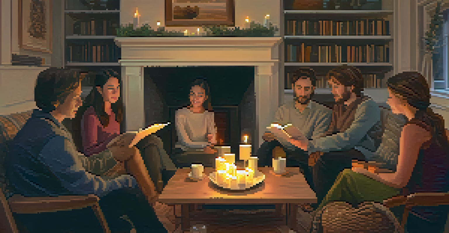 A warm and inviting room where individuals are sharing personal stories, with soft candlelight and cozy decor creating a sense of community.