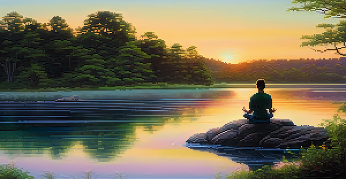 A person meditating by a calm lake at sunset, surrounded by greenery, with vibrant colors reflecting on the water.