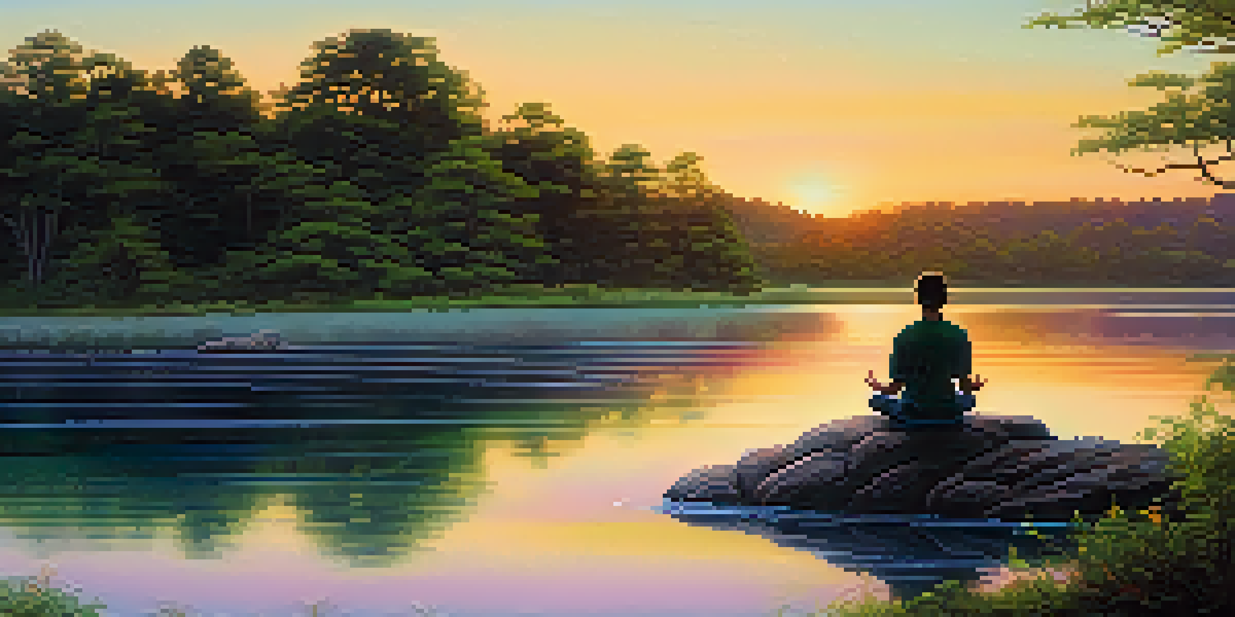 A person meditating by a calm lake at sunset, surrounded by greenery, with vibrant colors reflecting on the water.