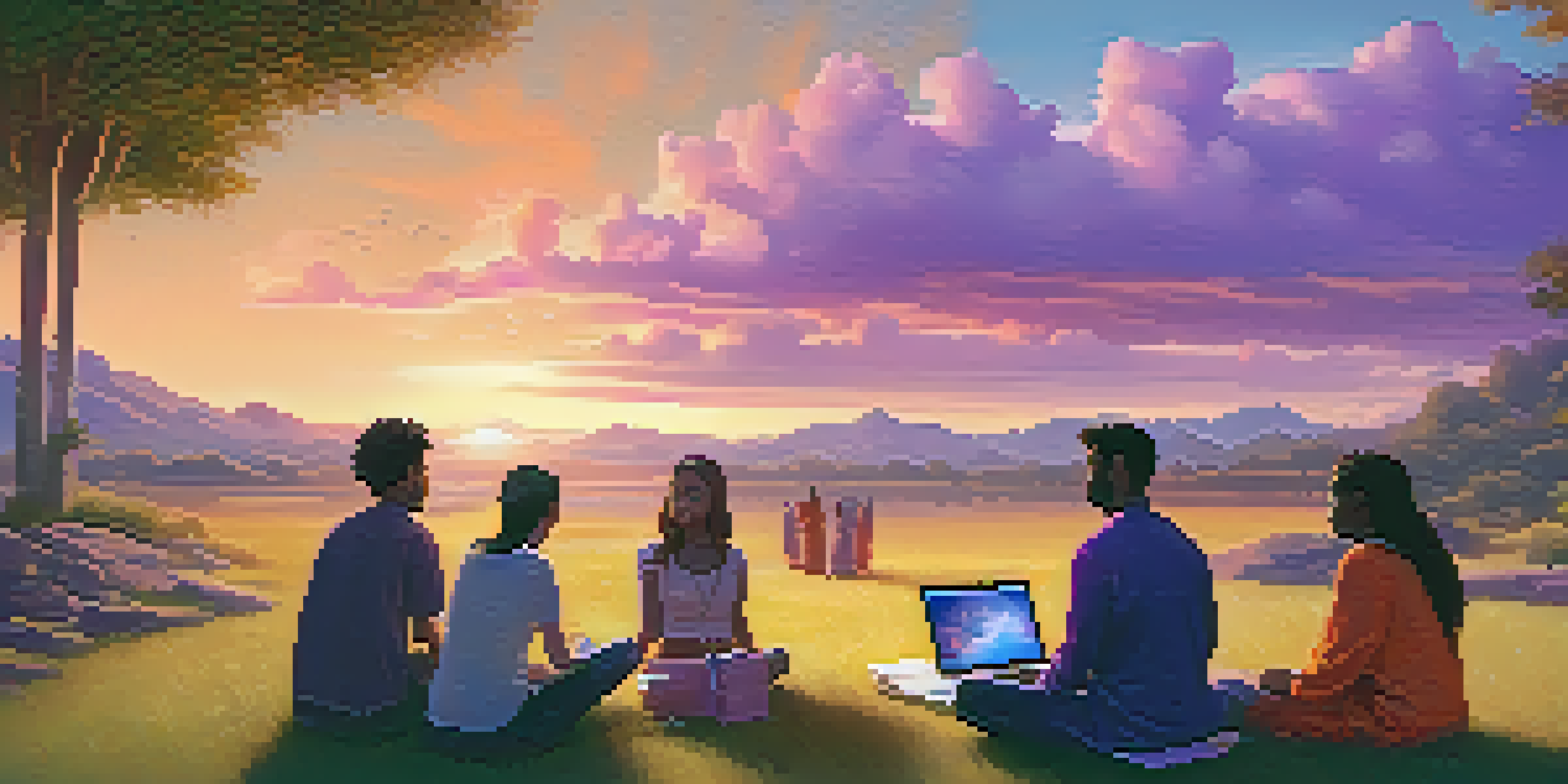 A diverse group of individuals engaged in a discussion around a glowing laptop in a serene landscape with a sunset sky.