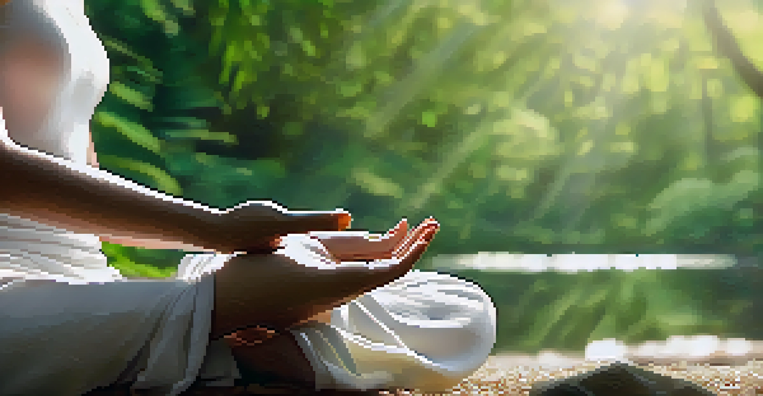 A close-up of hands in a mudra position during meditation, with a blurred nature background.