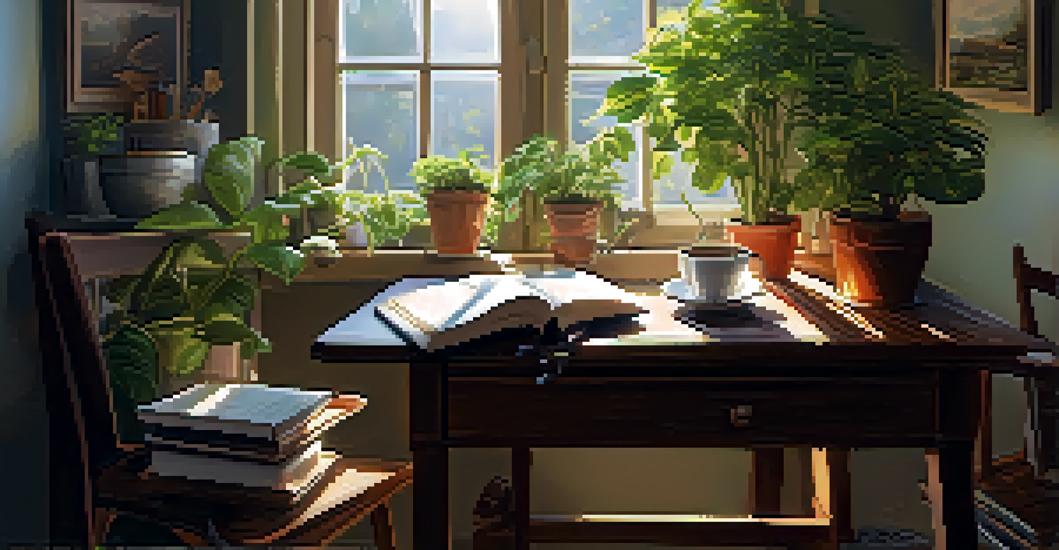 A cozy corner with a person journaling, surrounded by plants and warm sunlight.