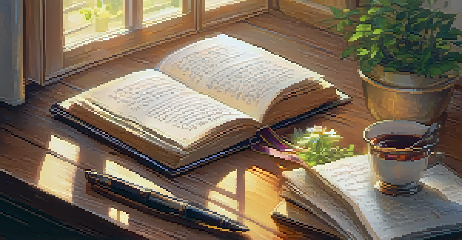 A wooden table with an open journal of positive affirmations, a cup of tea, a plant, and a candle in warm morning light.