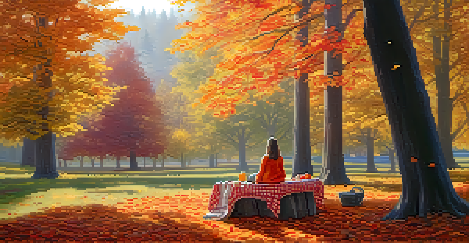 A colorful autumn forest with trees in shades of orange and red, featuring a picnic setup and a person reflecting.