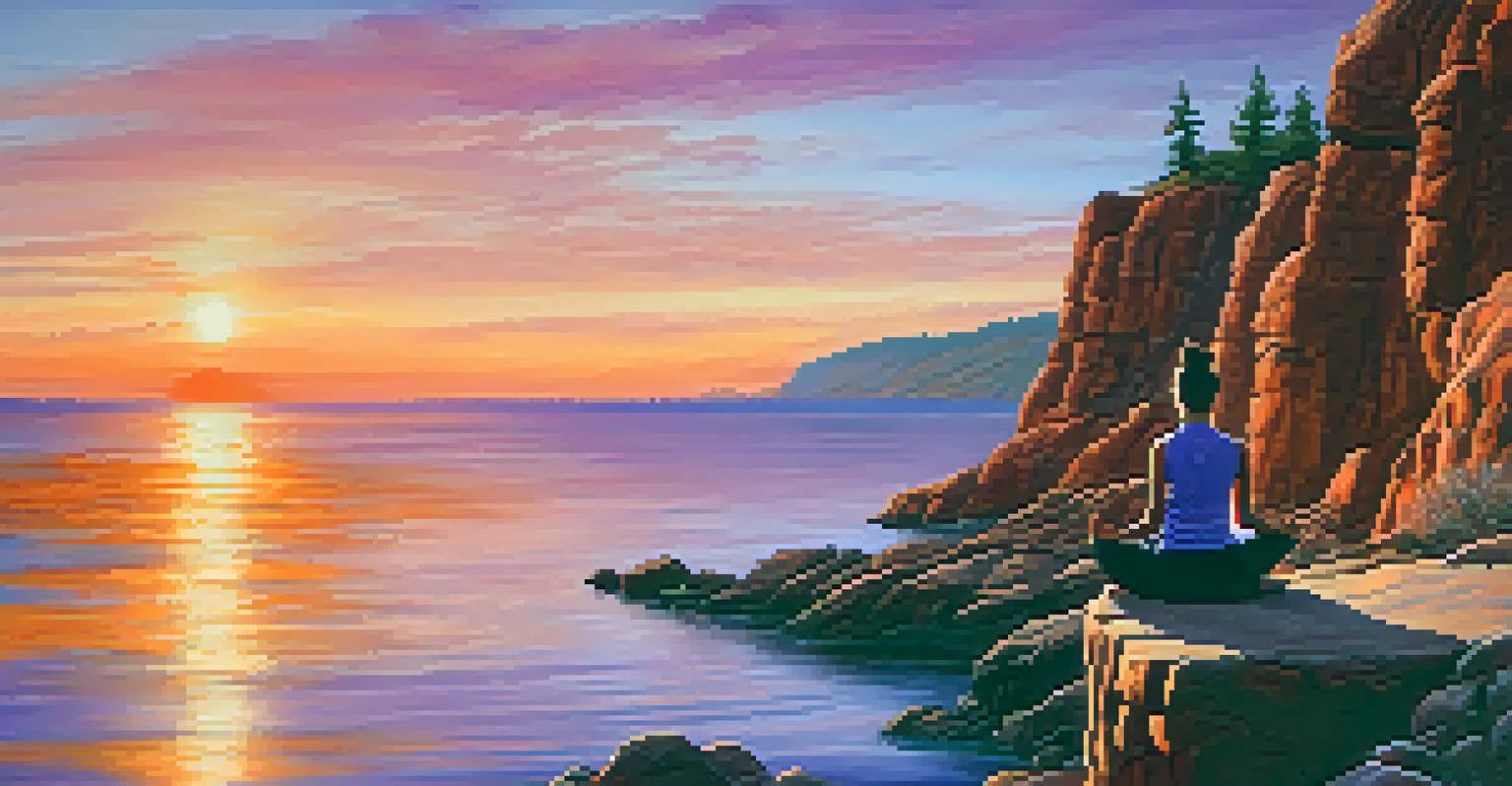 A person doing yoga on a cliff at sunset, surrounded by vibrant colors and nature.