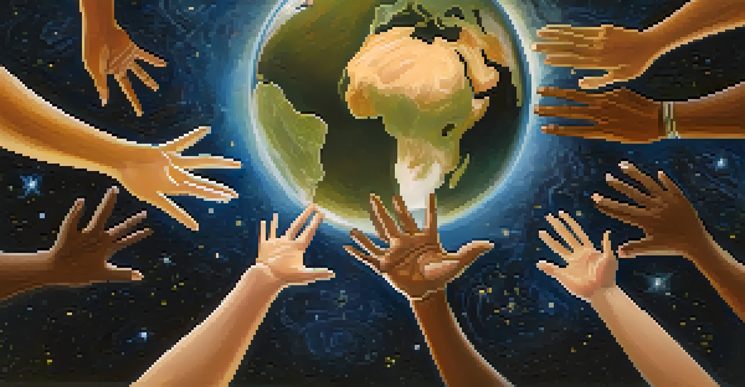 Colorful hands of different skin tones reaching out towards the Earth in a starry sky background, symbolizing global interconnectedness and responsibility.