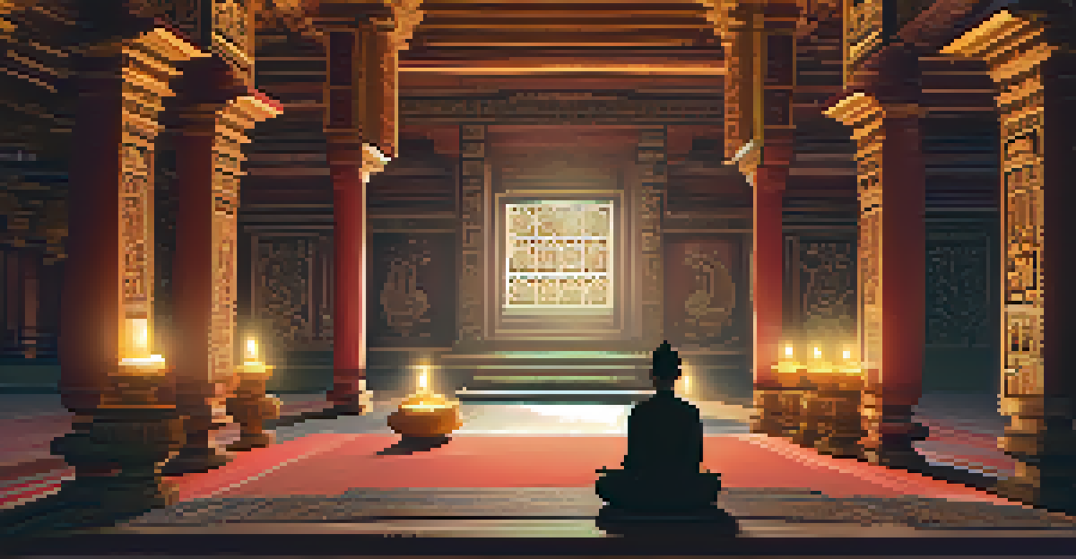 A person meditating inside a tranquil temple environment, surrounded by candles and intricate carvings while wearing virtual reality goggles.