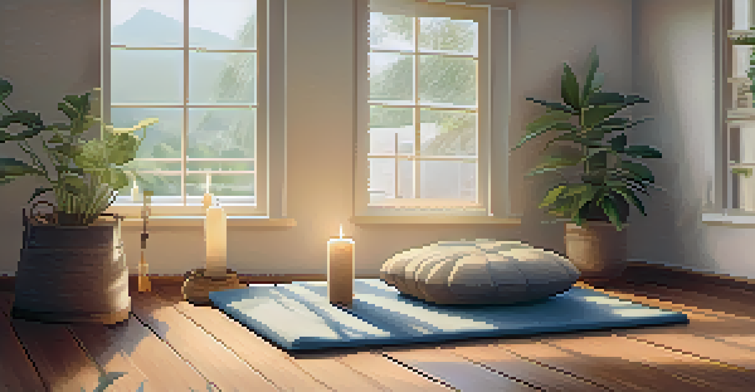 A cozy indoor meditation space with cushions, candles, and plants, illuminated by natural light.