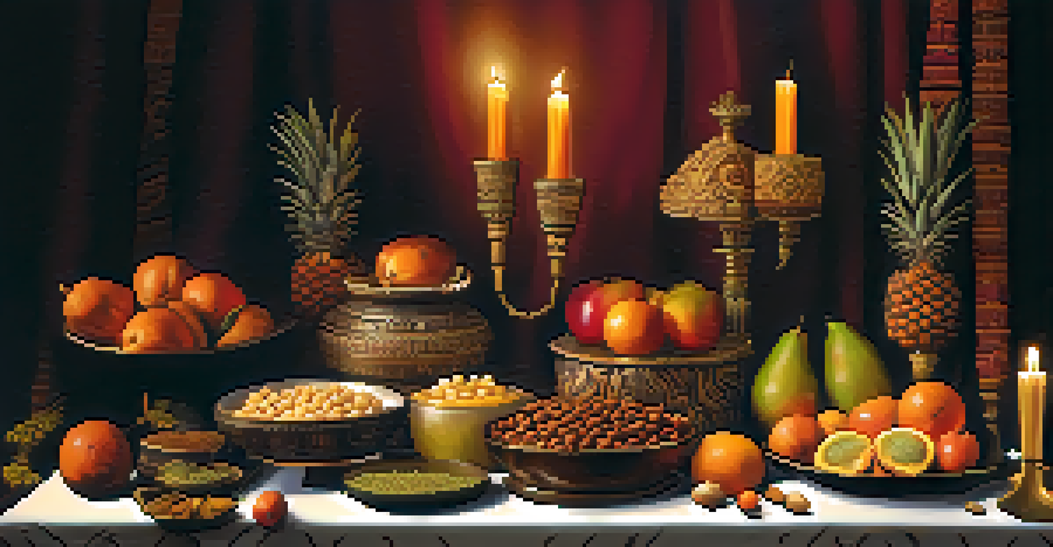 An altar with traditional food offerings, surrounded by vibrant fabrics and illuminated by candlelight.