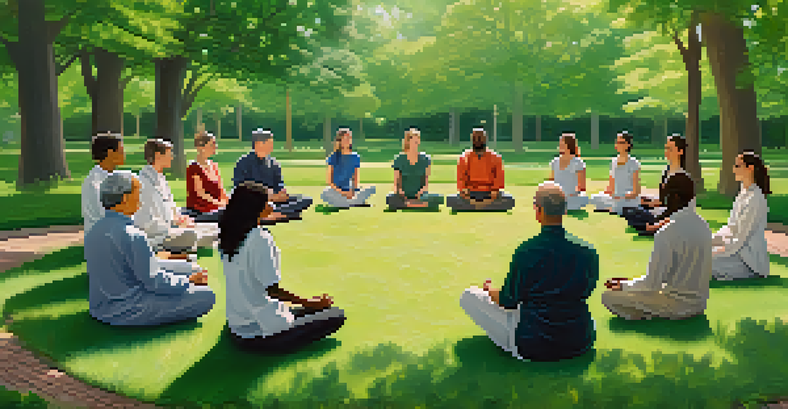 A diverse group of scientists meditating together outdoors in a green park, surrounded by trees and flowers.