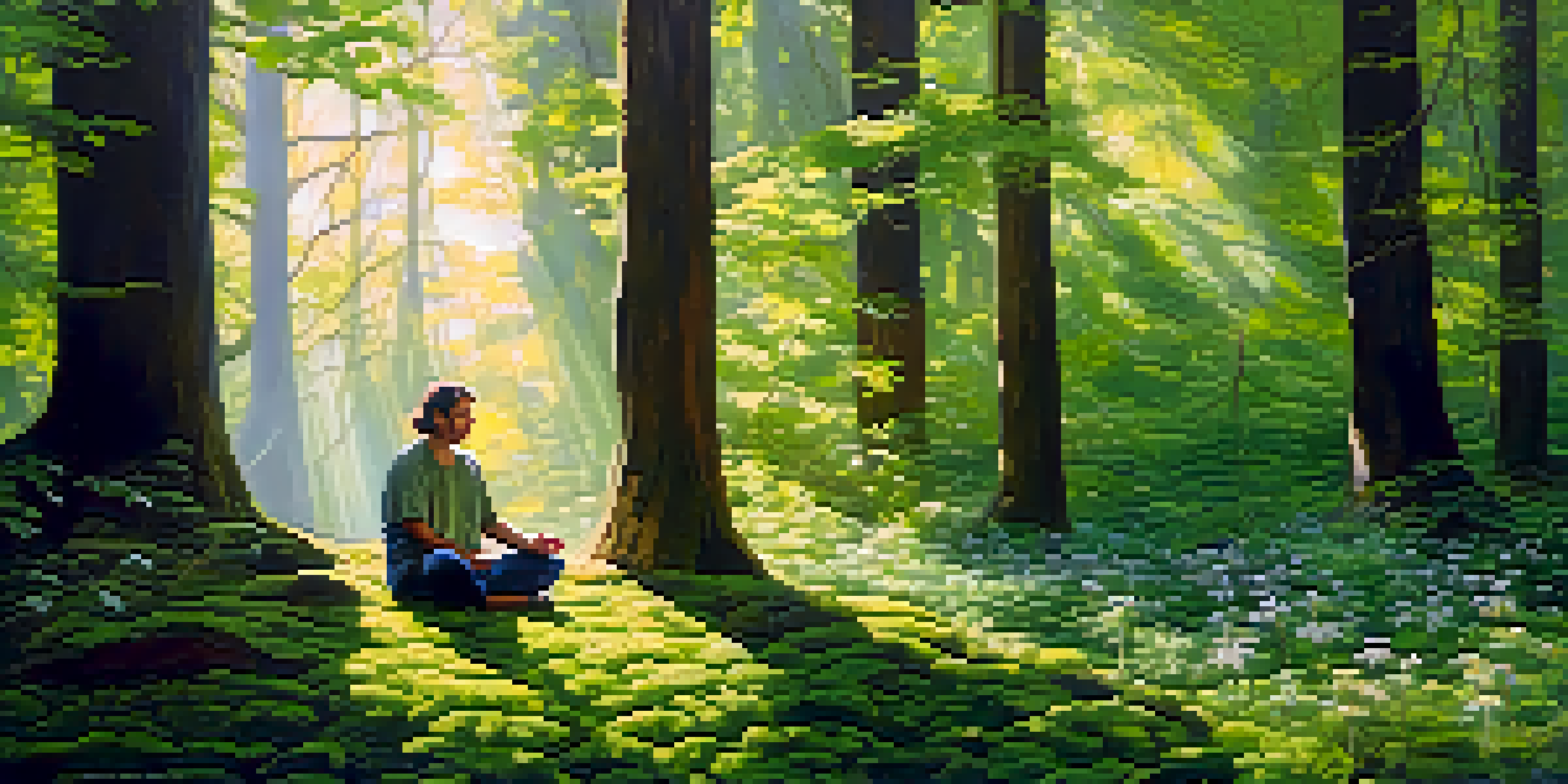 A person meditating in a peaceful forest, surrounded by greenery and sunlight.