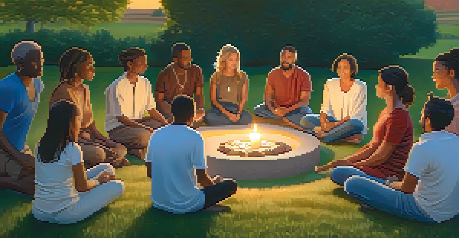 A diverse group of people meditating in a circle on a grassy hillside, with candles and cushions, illuminated by the warm glow of the sunset.