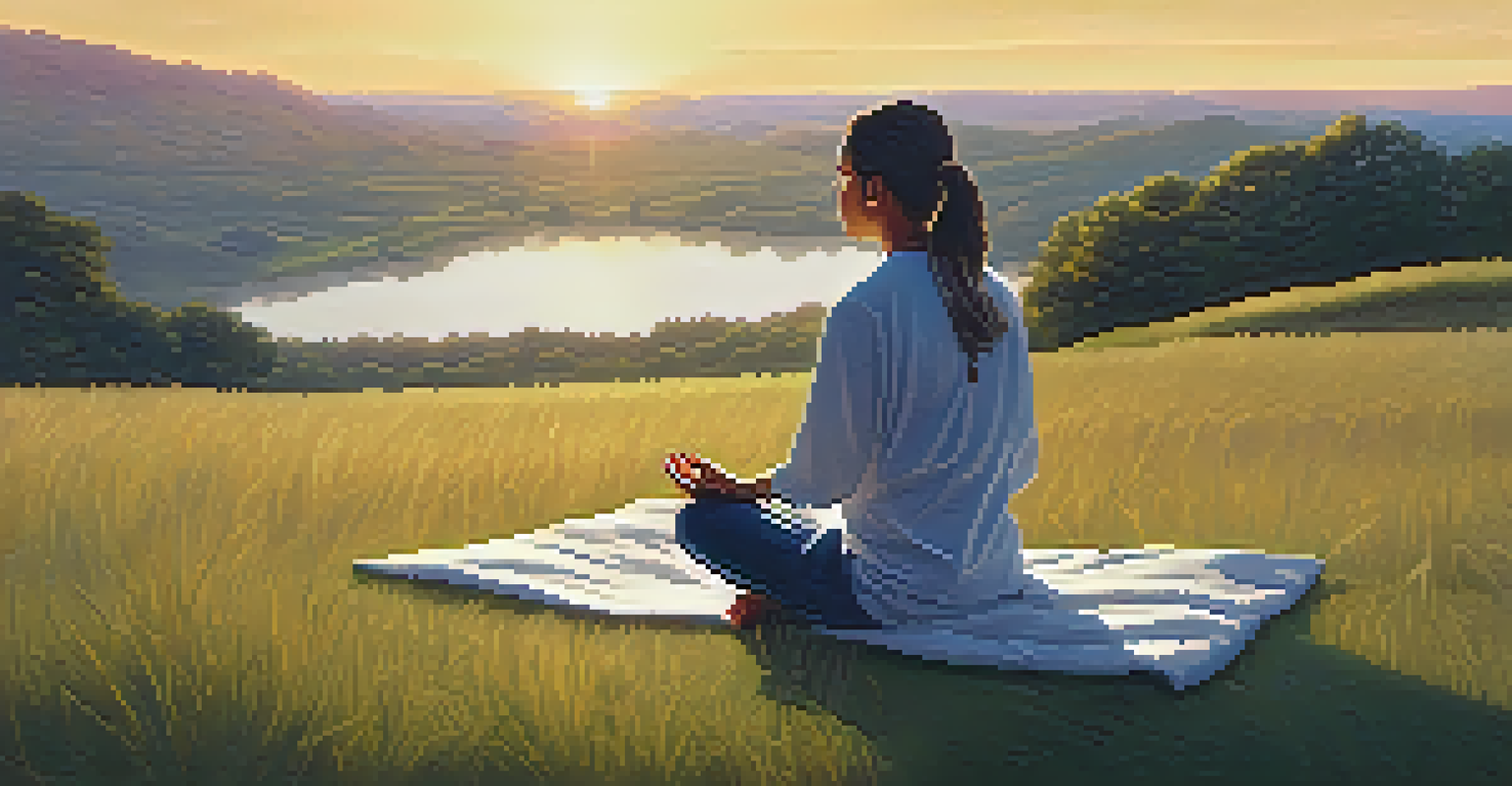 A person meditating peacefully outdoors on a grassy hill during sunset, surrounded by nature.