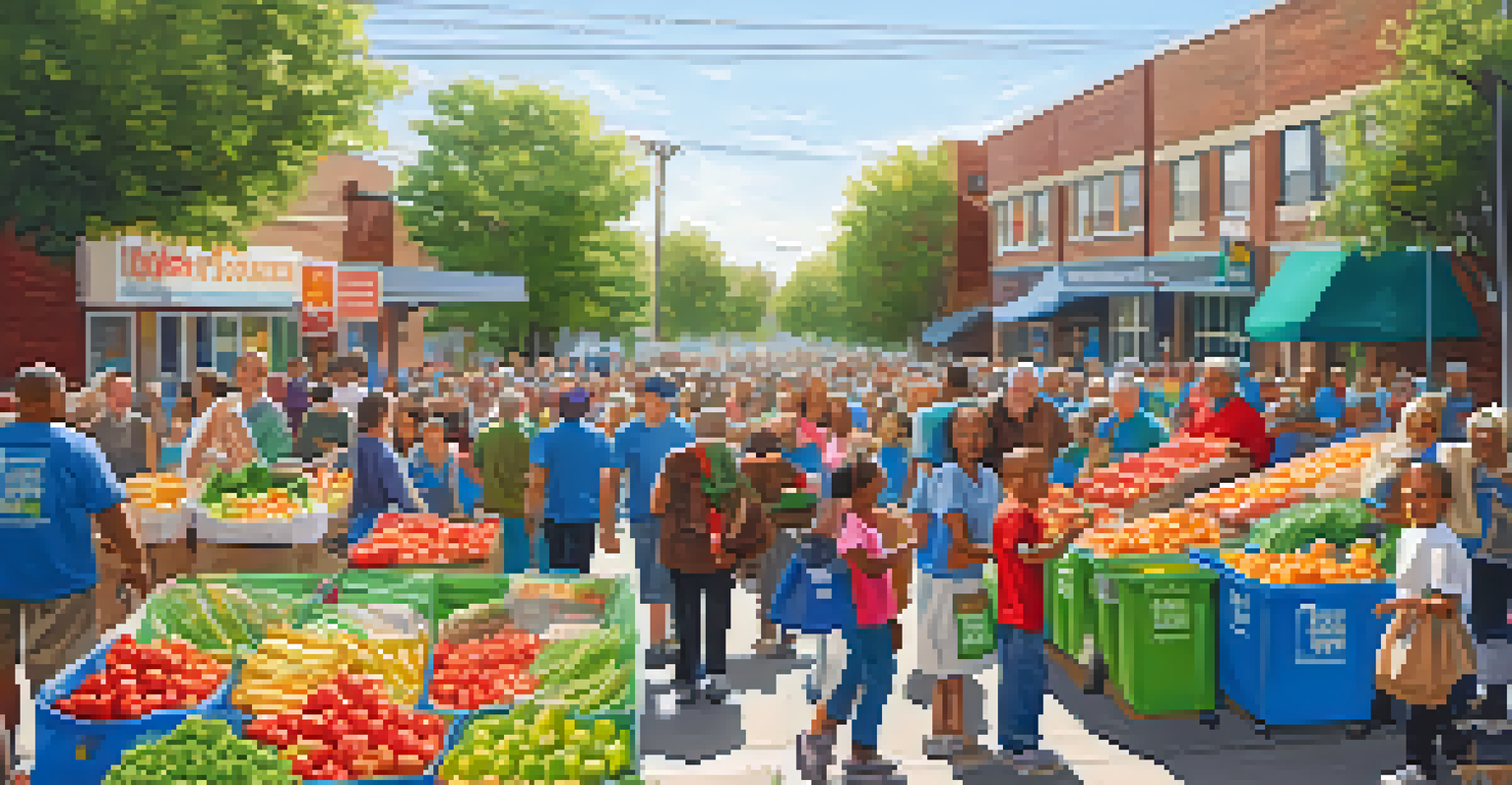 Volunteers at a food bank distributing food to families in need under a banner promoting economic equality.