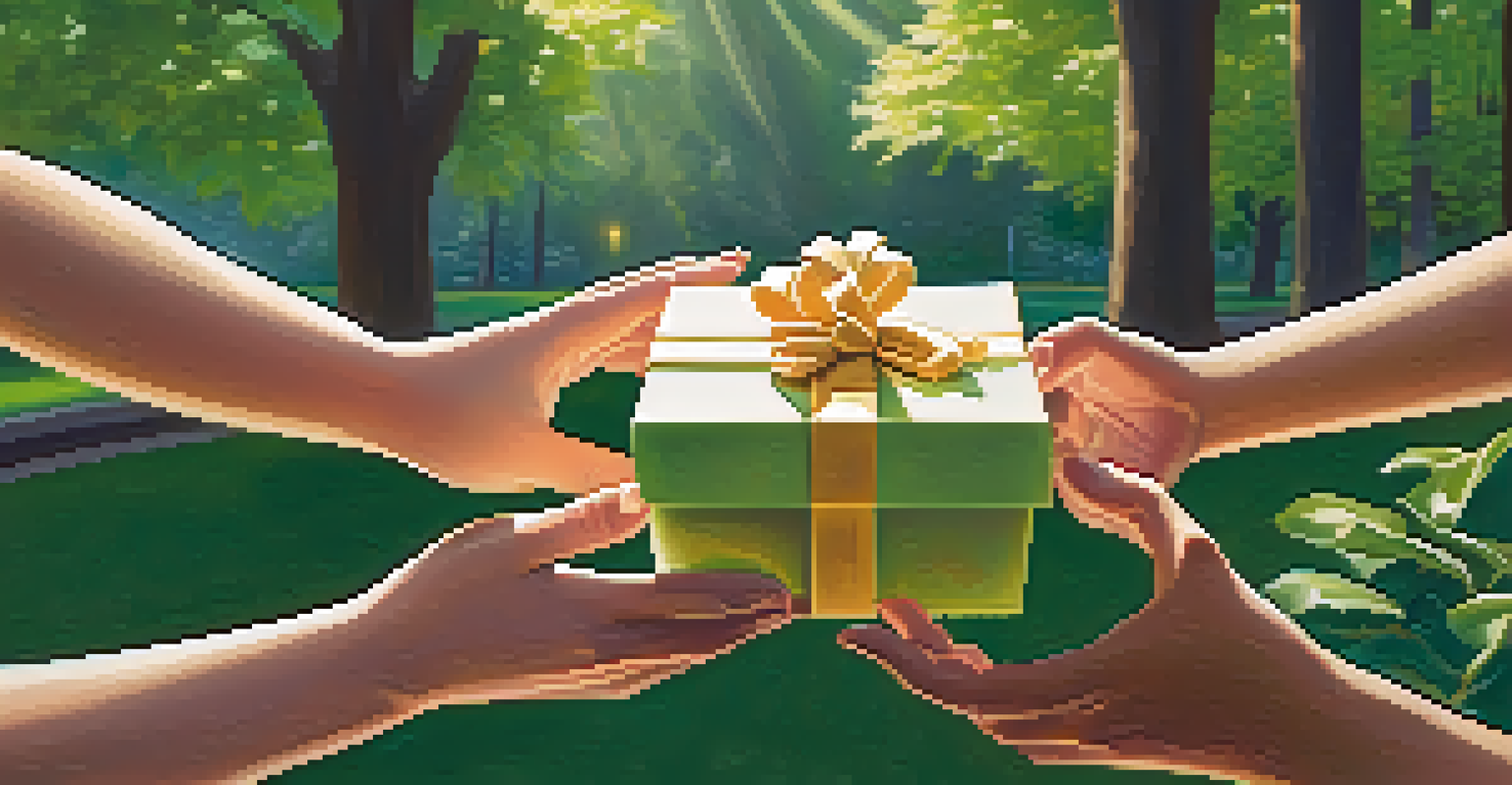 A close-up of hands exchanging a small wrapped gift in a sunny park, surrounded by greenery, symbolizing kindness.