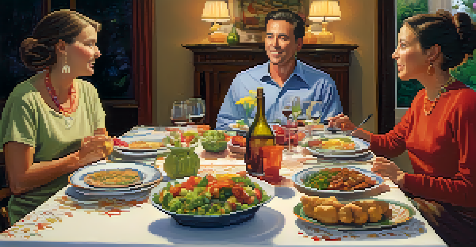 A family gathered around a dinner table, sharing thoughts about spirituality and beliefs in a warm, inviting setting.