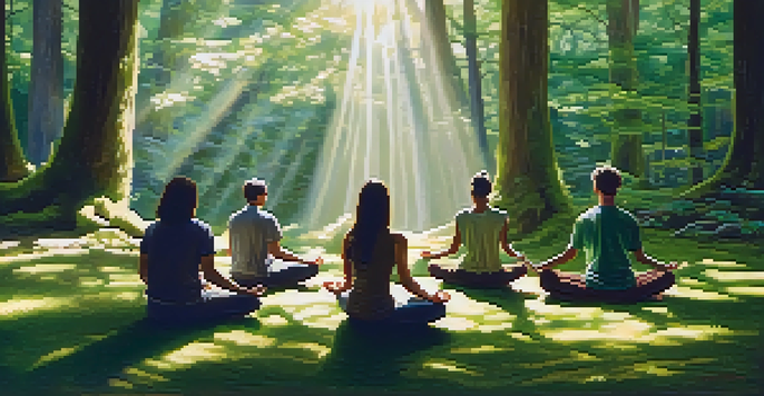 A diverse group of individuals meditating in a peaceful forest, surrounded by trees and soft moss, with sunlight filtering through the leaves.