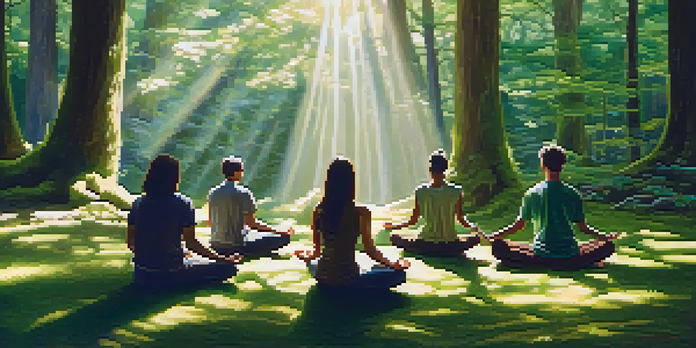 A diverse group of individuals meditating in a peaceful forest, surrounded by trees and soft moss, with sunlight filtering through the leaves.