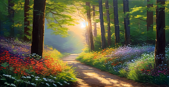 A peaceful forest path illuminated by the golden light of sunset, surrounded by trees and colorful wildflowers.