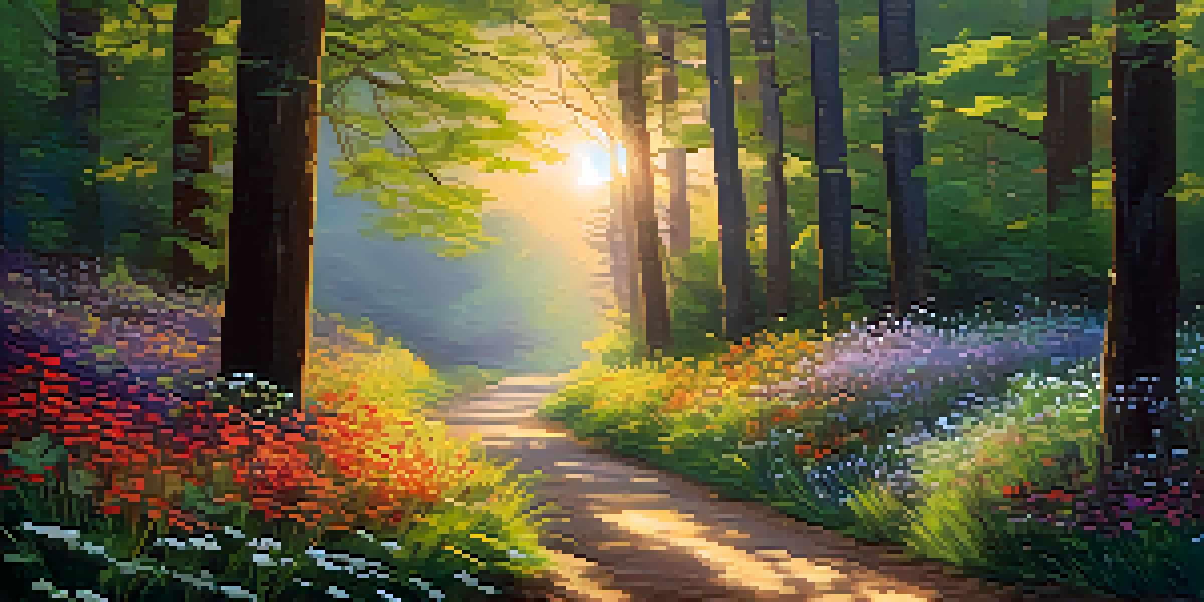 A peaceful forest path illuminated by the golden light of sunset, surrounded by trees and colorful wildflowers.