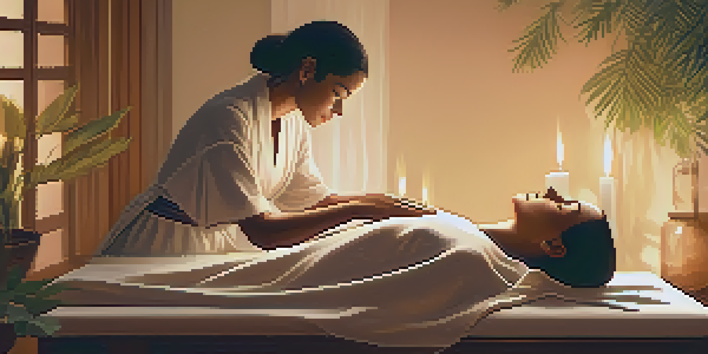 A tranquil Reiki session with a practitioner placing hands above a client in a softly lit room, surrounded by candles and plants.