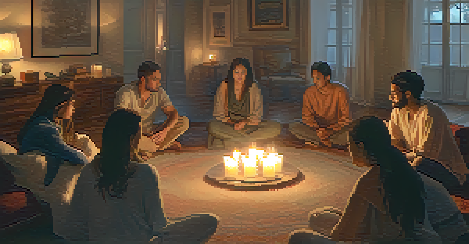 A group of people sitting in a circle, practicing compassionate listening in a warmly lit room with candles.