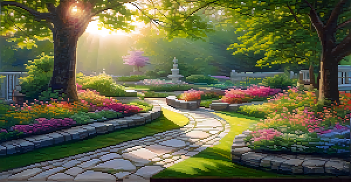 A peaceful garden at sunrise with a stone pathway and blooming flowers, symbolizing growth and healing.