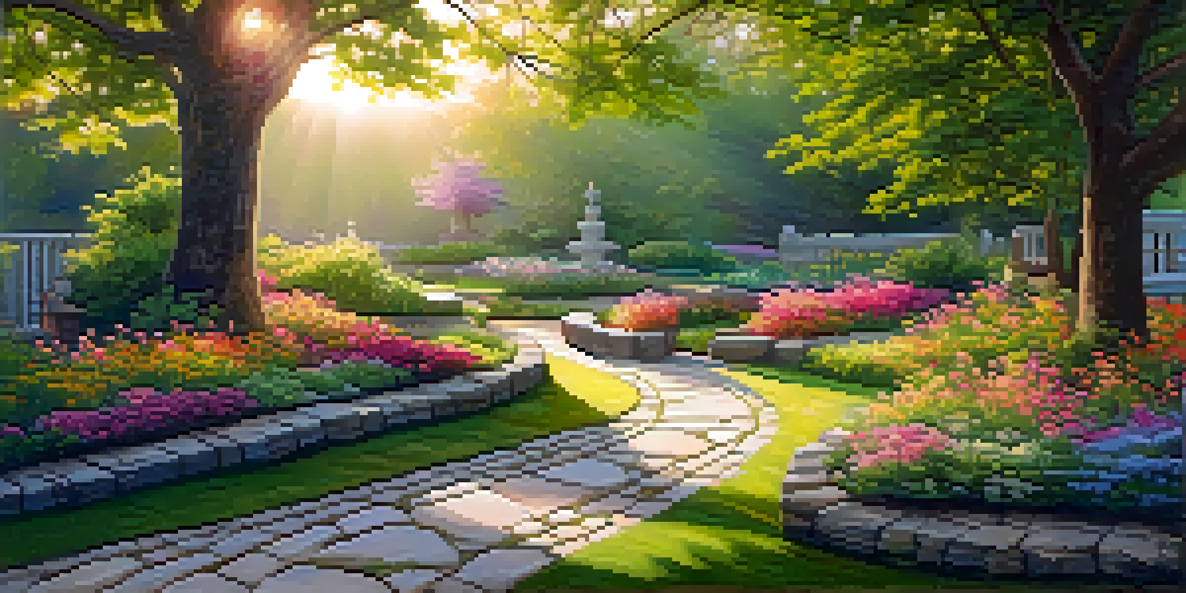 A peaceful garden at sunrise with a stone pathway and blooming flowers, symbolizing growth and healing.