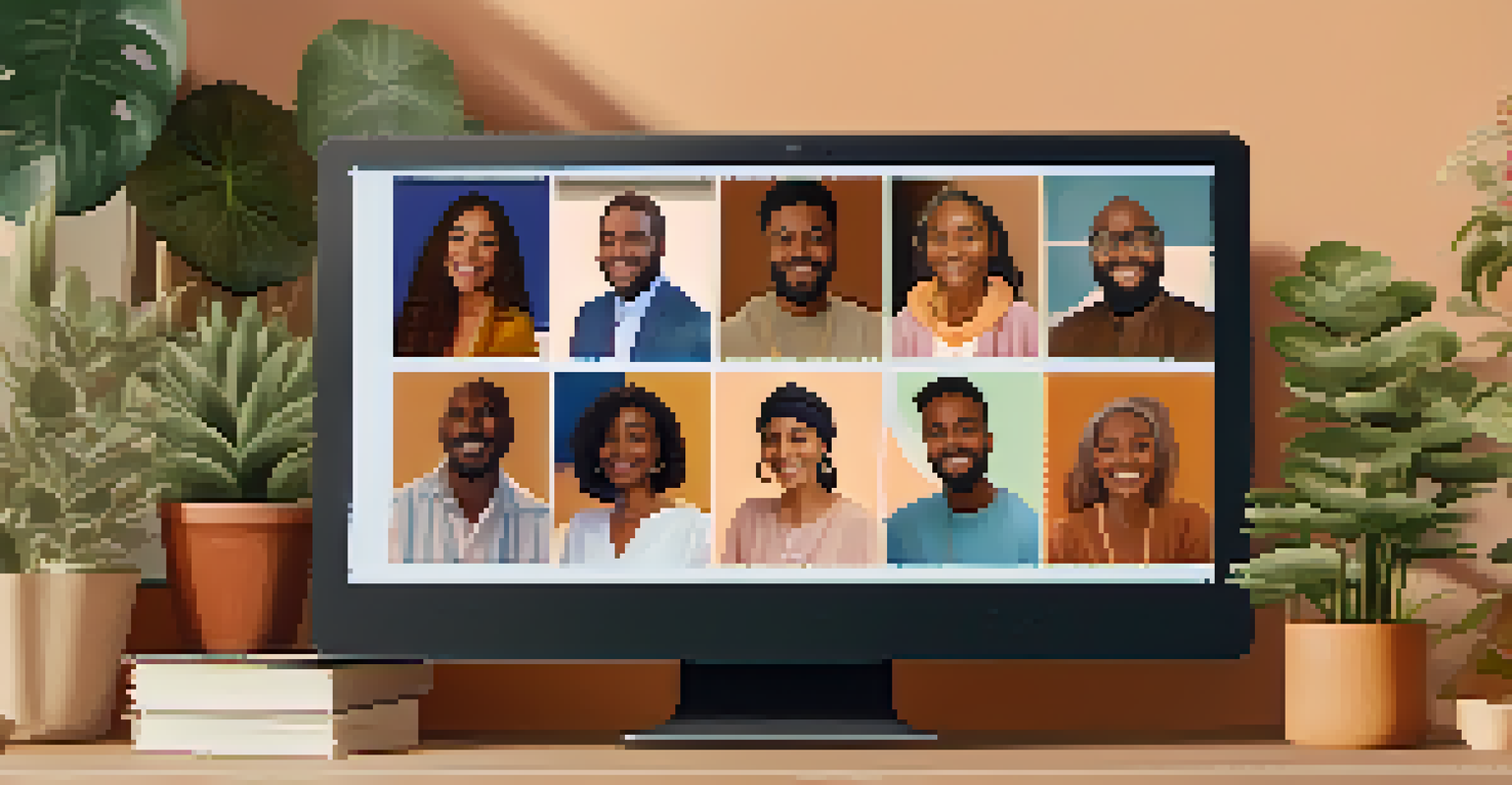 A computer screen displaying a virtual meeting of diverse individuals connecting joyfully, set in a cozy home environment.