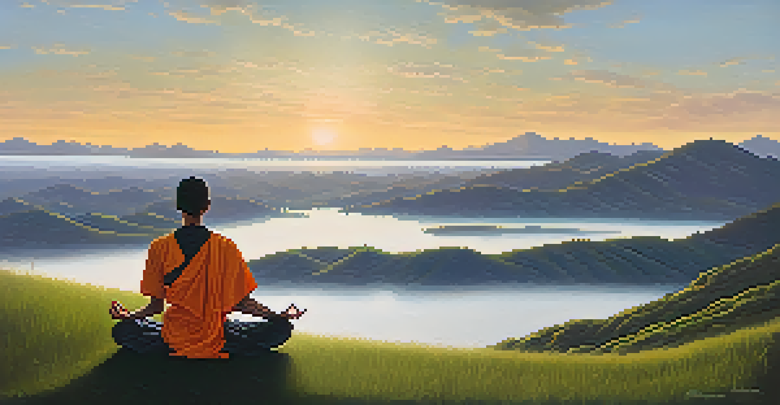 A person meditating on a hilltop at sunrise, surrounded by nature, creating a peaceful and serene atmosphere.