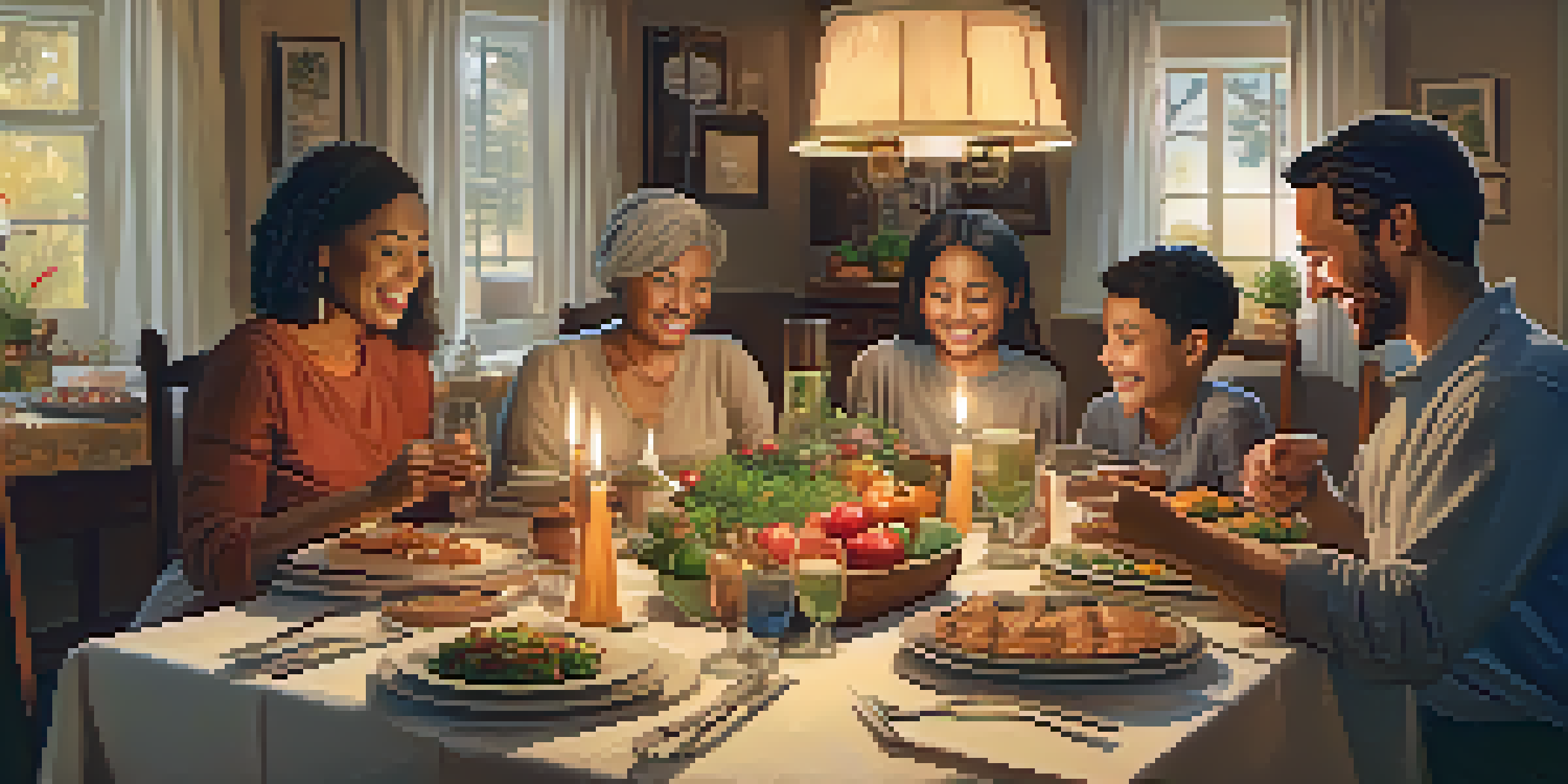 A family gathered around a dinner table, enjoying a meal together, with warm candlelight and family photos in the background.