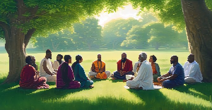A diverse group of spiritual leaders and followers engaged in a discussion in a lush outdoor setting.
