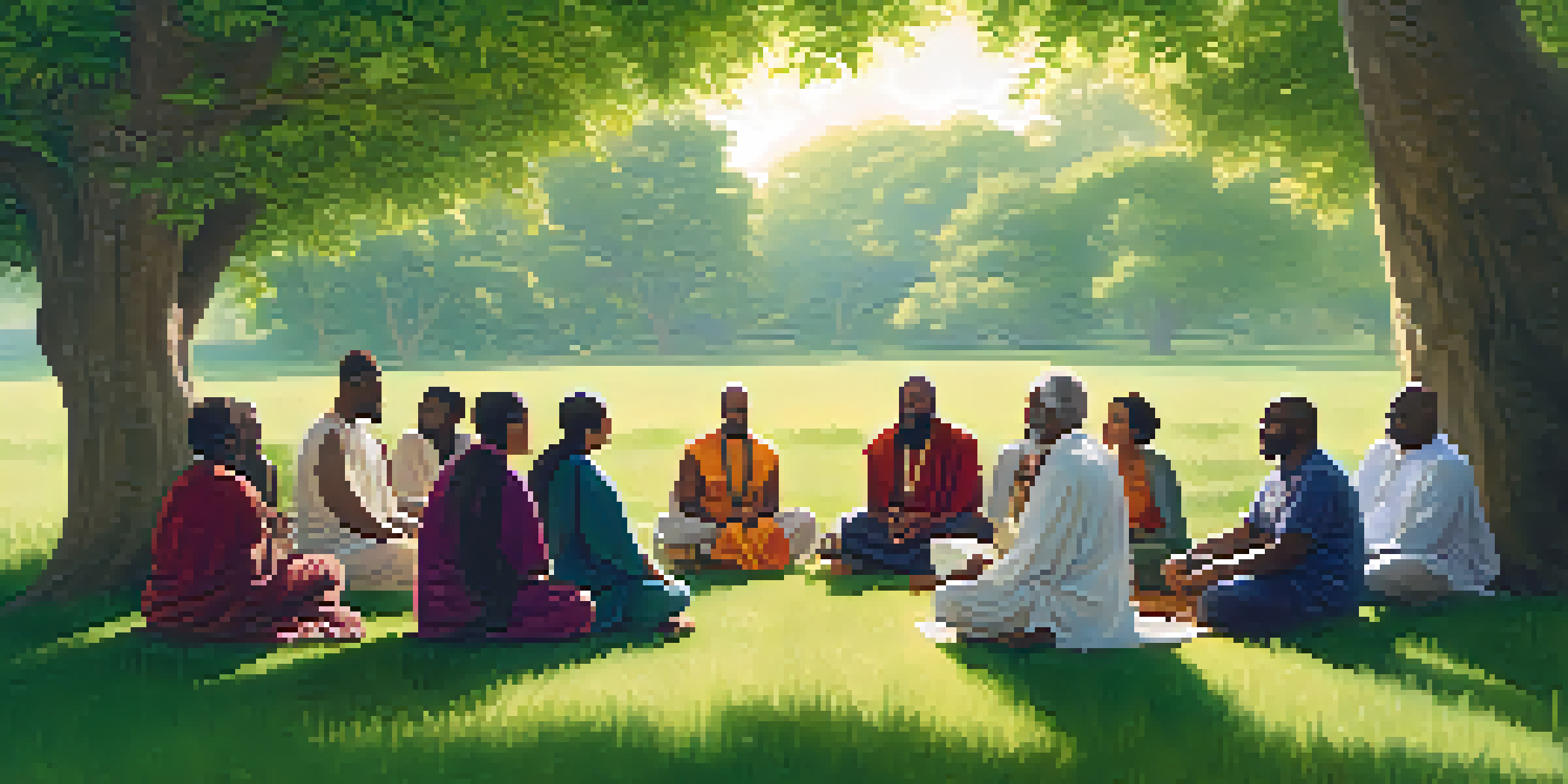 A diverse group of spiritual leaders and followers engaged in a discussion in a lush outdoor setting.