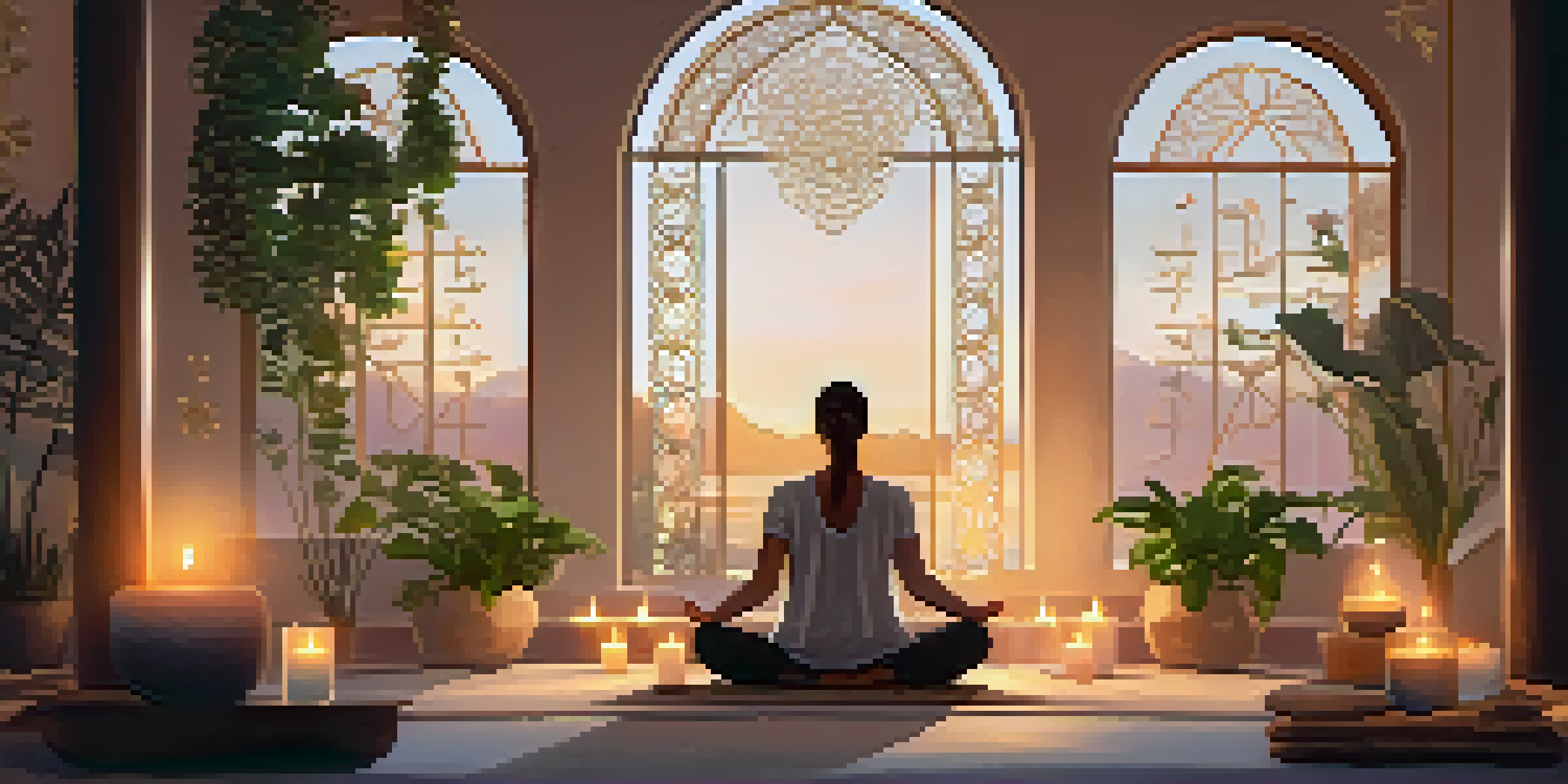 A calming meditation space filled with crystals, candles, and plants, with a person meditating in a soft light.