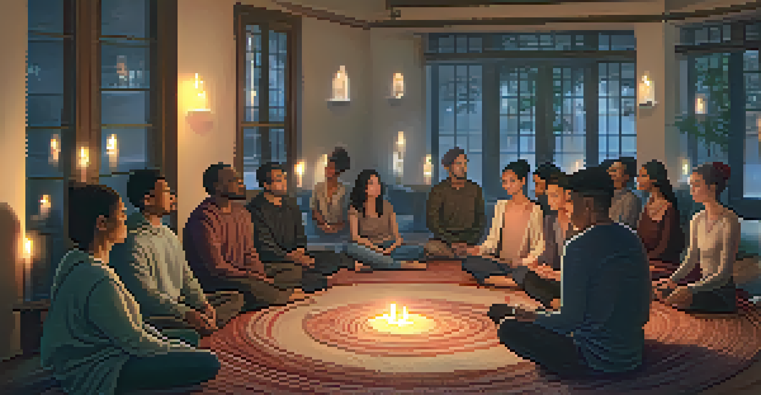 A group of individuals meditating together in a warmly lit community hall.