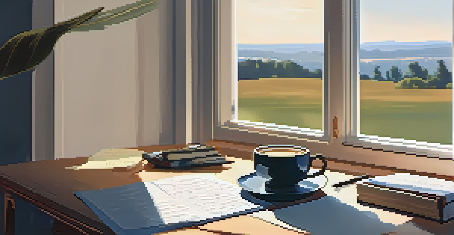 A cozy workspace with a journal and a cup of coffee, illuminated by soft sunlight coming through the window.