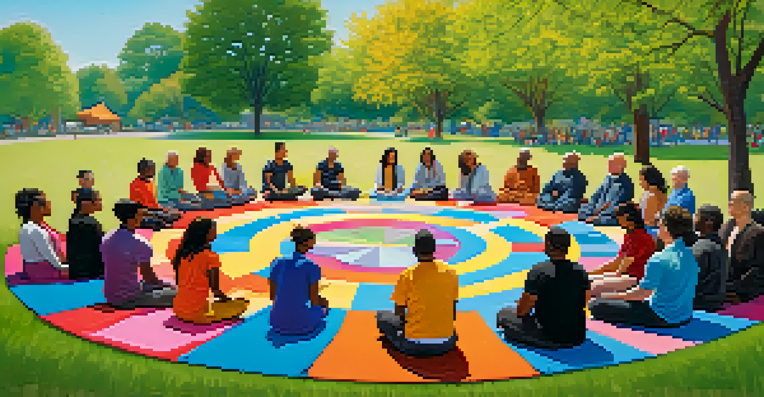 A group of diverse friends meditating together in a park, surrounded by nature and colorful mats.