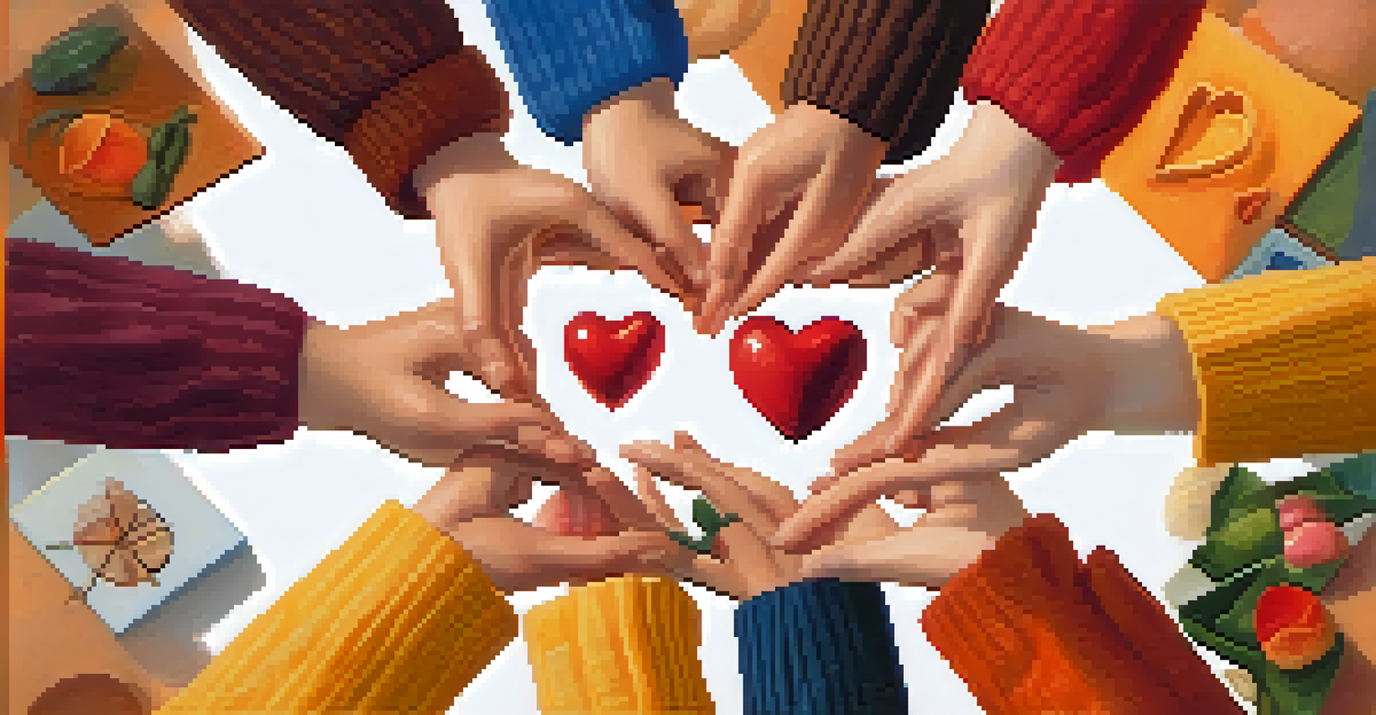 Close-up of diverse hands holding a heart-shaped symbol made of small objects, symbolizing unity and service.