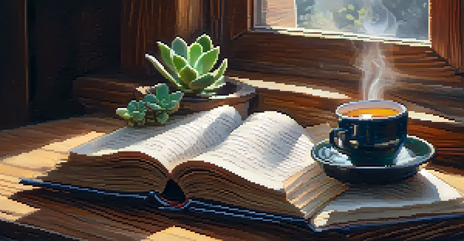 An open book with handwritten notes on a wooden table next to a steaming cup of tea and a small plant, illuminated by warm sunlight.